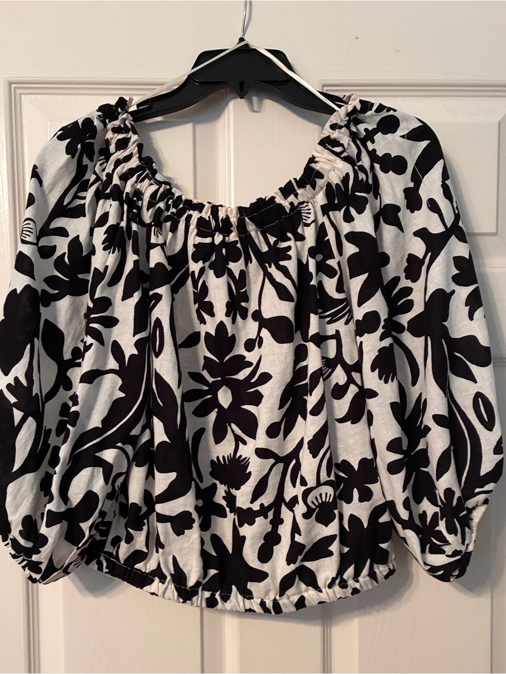 Artelier Black & White Off Shoulder Top With Elasticized Trim Neckline, Waist.